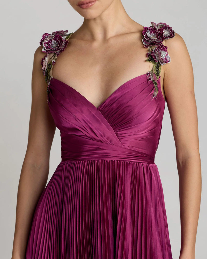 13263-Magenta Pleated High Low Gown With 3D Floral Straps polyester evening-gowns by Mac Duggal in pink for women in Singapore