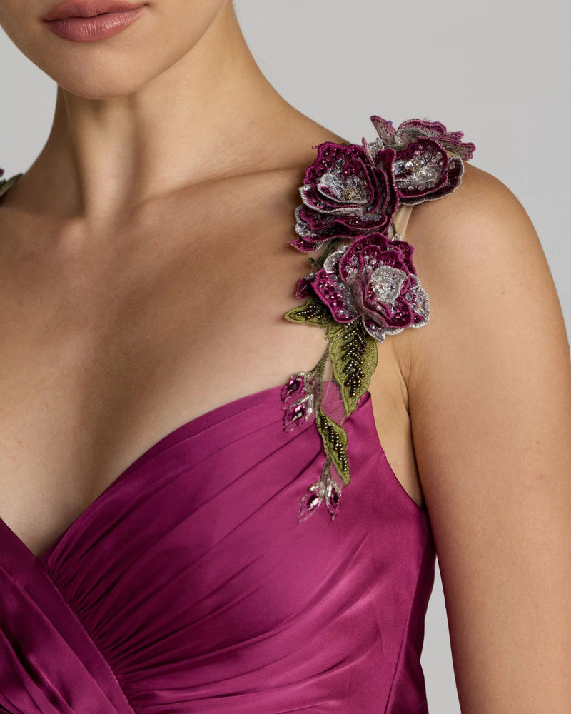13263-Magenta Pleated High Low Gown With 3D Floral Straps polyester evening-gowns by Mac Duggal in pink for women in Singapore