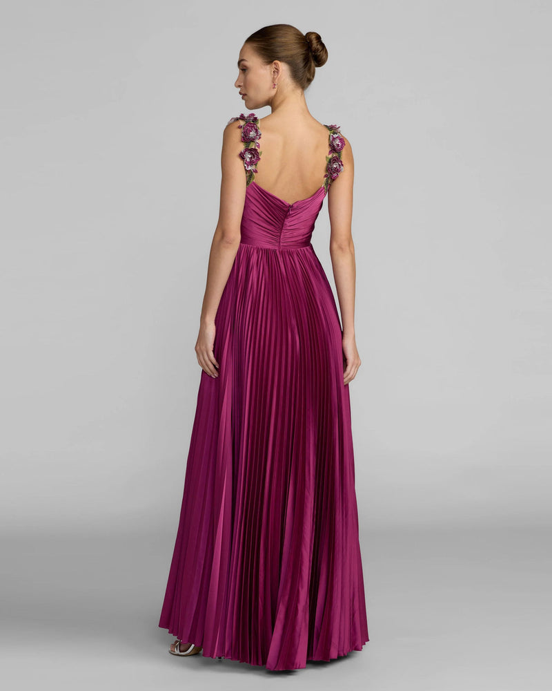 13263-Magenta Pleated High Low Gown With 3D Floral Straps polyester evening-gowns by Mac Duggal in pink for women in Singapore