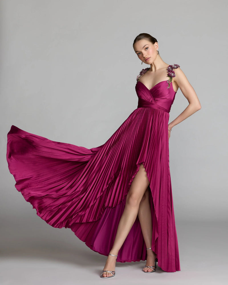 13263-Magenta Pleated High Low Gown With 3D Floral Straps polyester evening-gowns by Mac Duggal in pink for women in Singapore