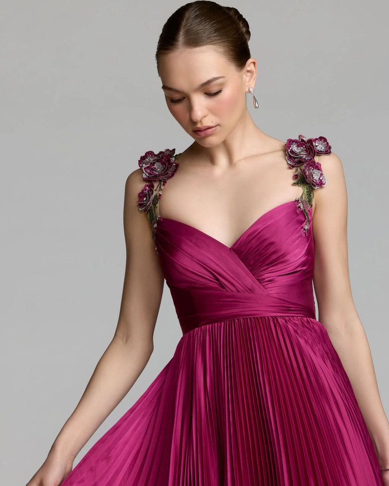 13263-Magenta Pleated High Low Gown With 3D Floral Straps polyester evening-gowns by Mac Duggal in pink for women in Singapore