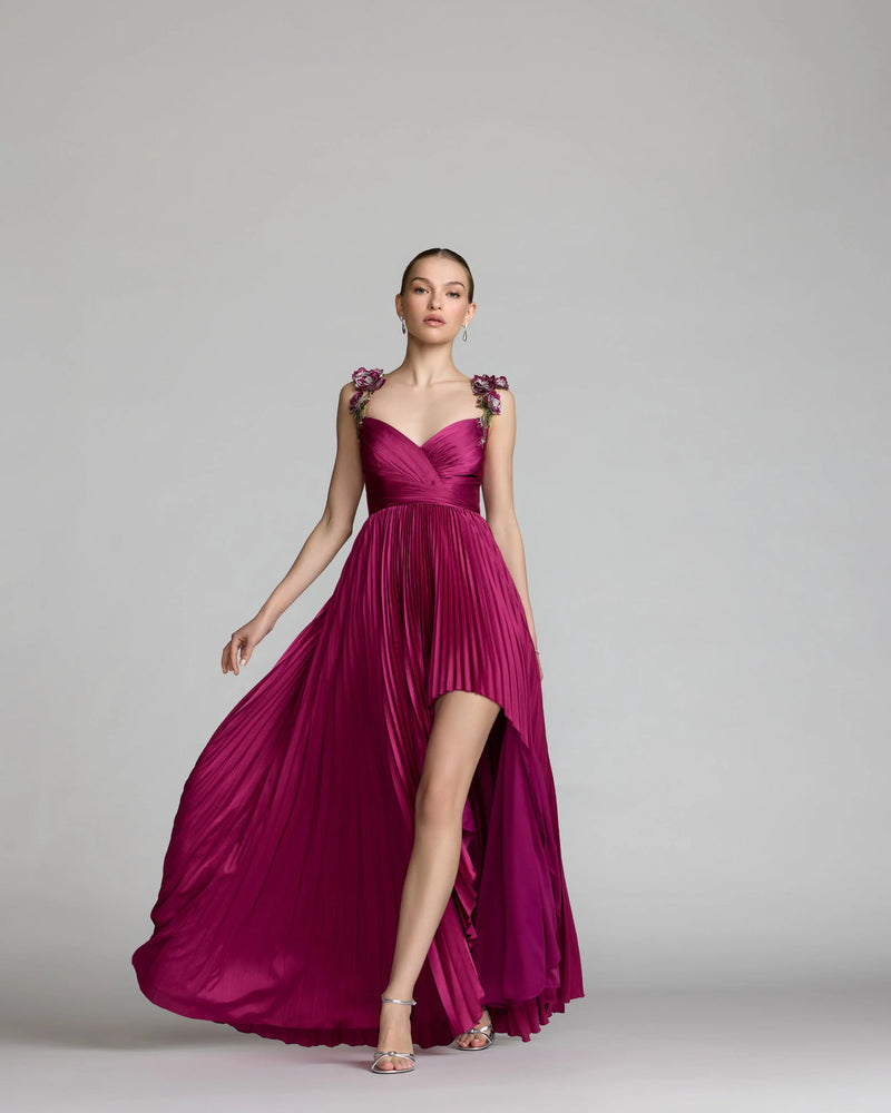 13263-Magenta Pleated High Low Gown With 3D Floral Straps polyester evening-gowns by Mac Duggal in pink for women in Singapore
