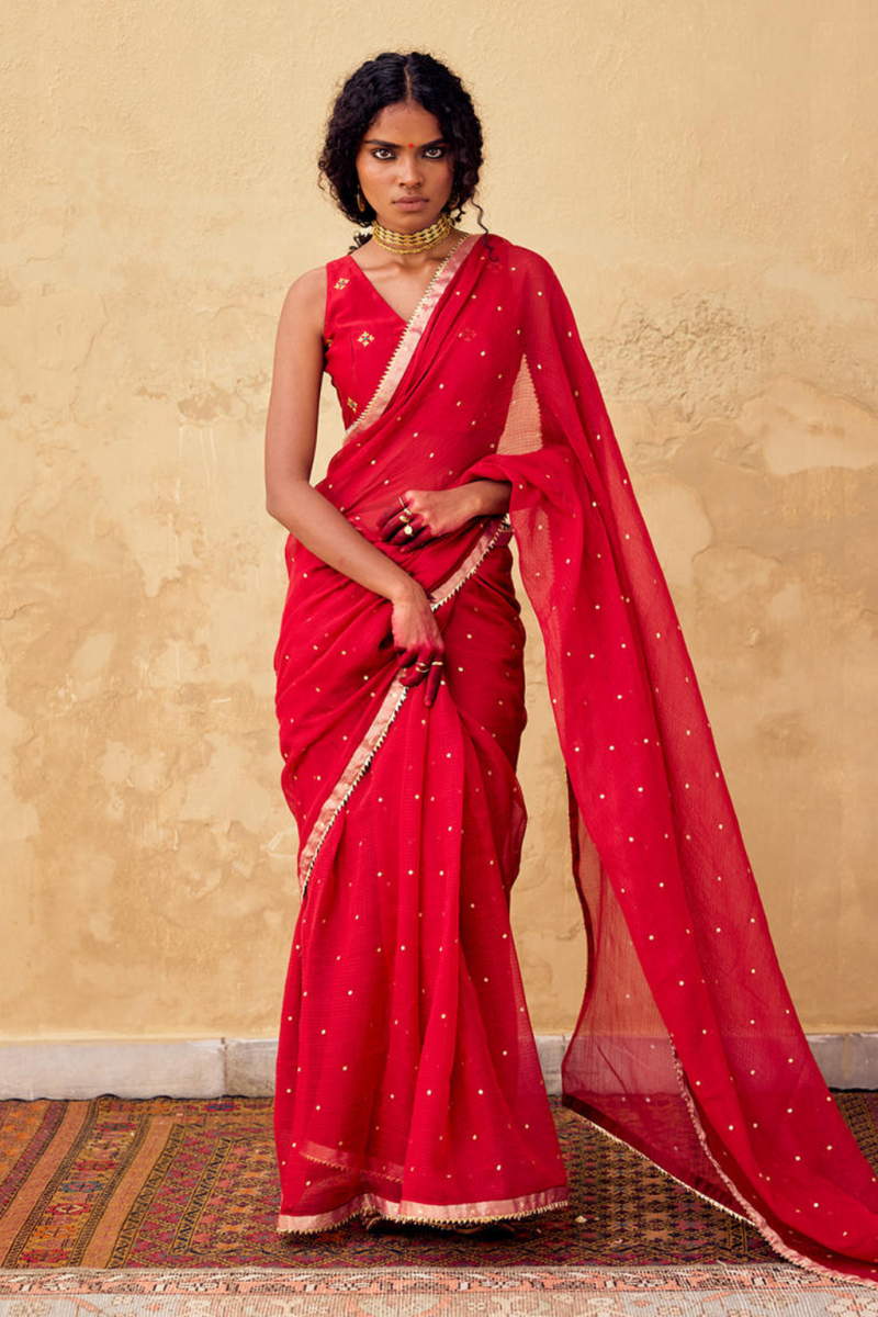 Maharani Saree with Blouse piece silk by Khara Kapas in red for women in Singapore