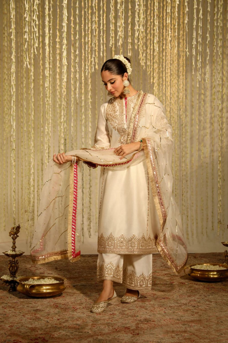 Mahika A-line long kurta with palazzo and dupatta-Daisy Ivory silk by SHEETAL BATRA in ivory color for women in Singapore
