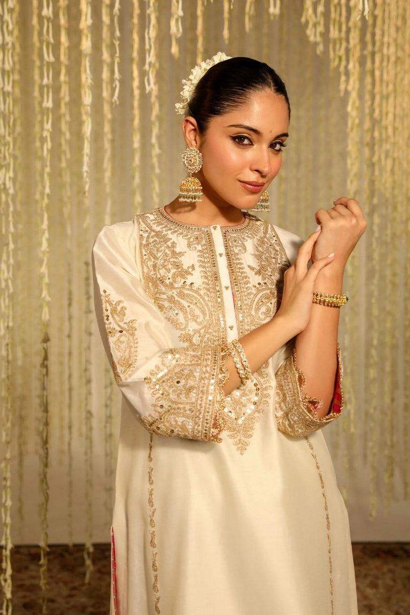 Mahika A-line long kurta with palazzo and dupatta-Daisy Ivory silk by SHEETAL BATRA in ivory color for women in Singapore