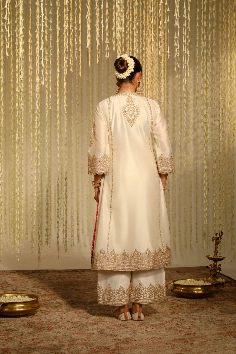 Mahika A-line long kurta with palazzo and dupatta-Daisy Ivory silk by SHEETAL BATRA in ivory color for women in Singapore
