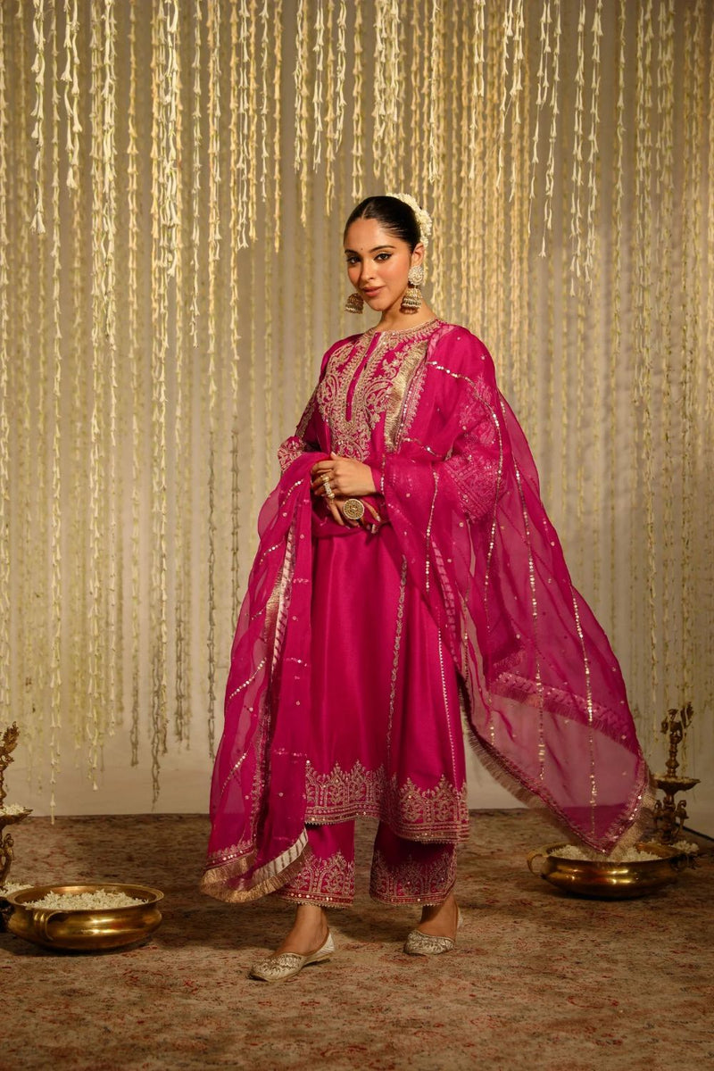 Mahika A-line long kurta with palazzo and dupatta-Hotpink silk by SHEETAL BATRA in pink color for women in Singapore