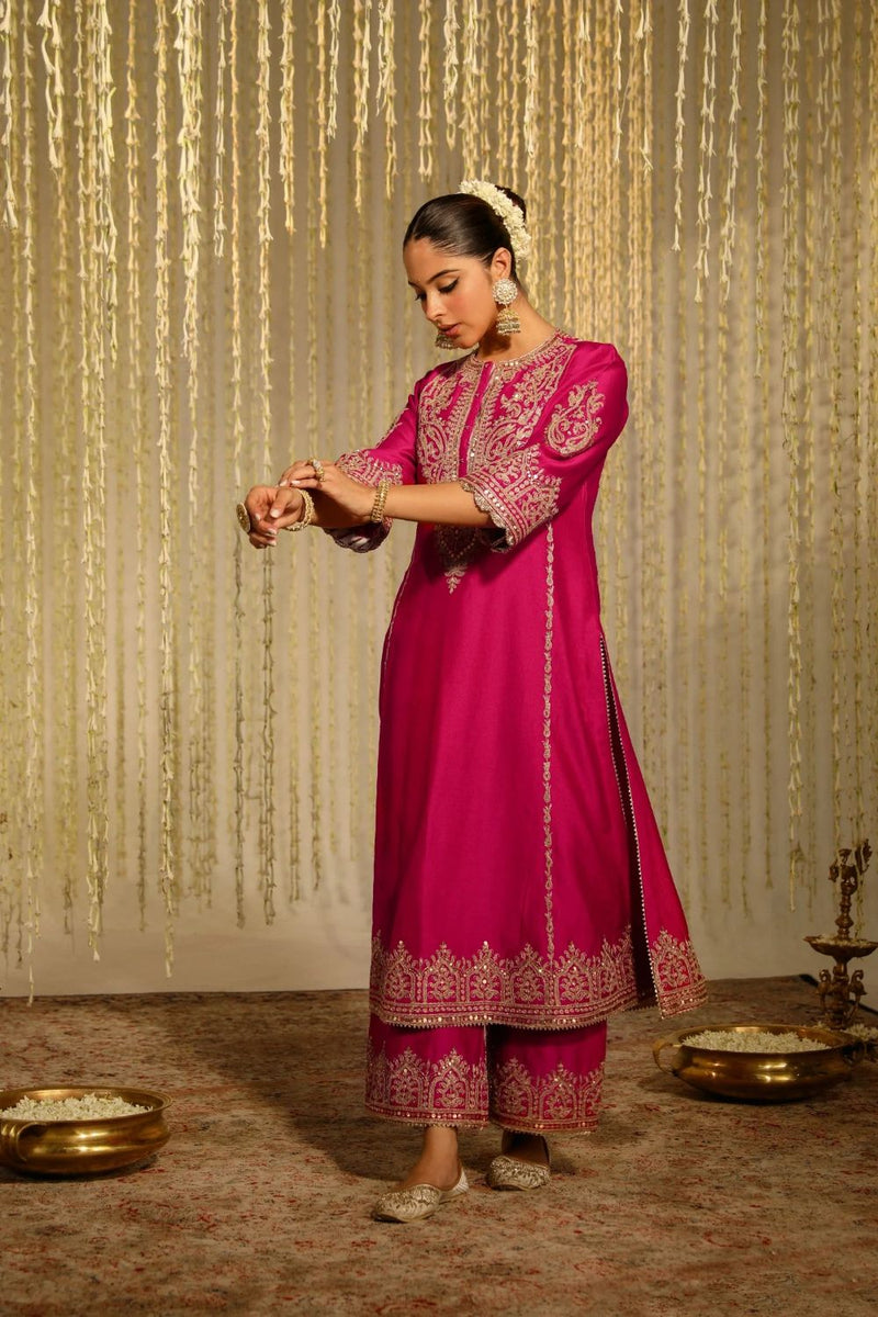 Mahika A-line long kurta with palazzo and dupatta-Hotpink silk by SHEETAL BATRA in pink color for women in Singapore