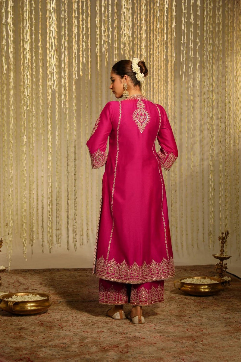 Mahika A-line long kurta with palazzo and dupatta-Hotpink silk by SHEETAL BATRA in pink color for women in Singapore