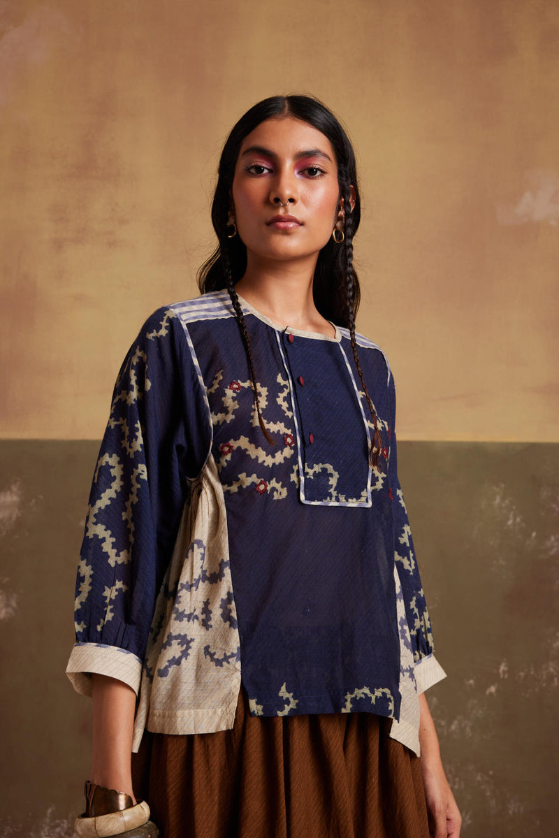 Maison Top-Indigo-Ivory Spiral cotton by CORD for women in Singapore