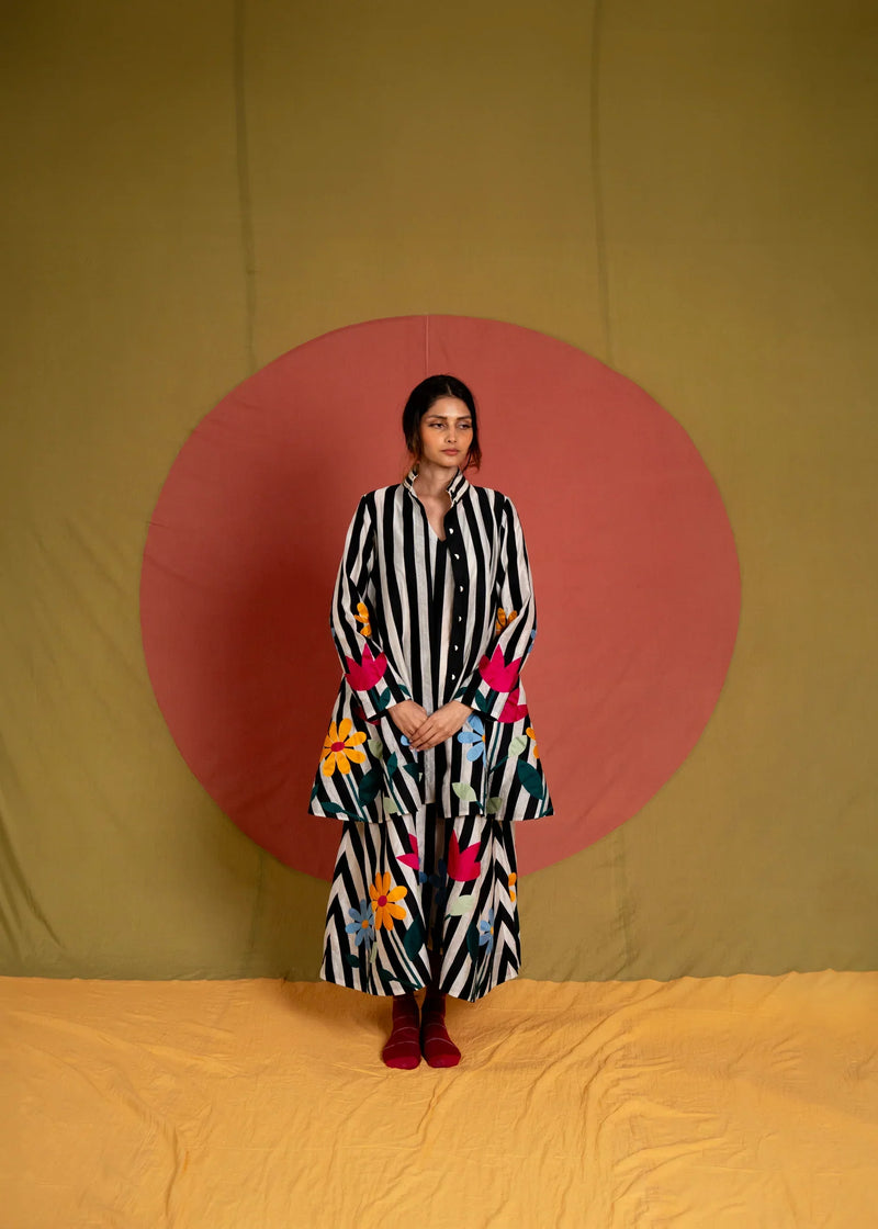 Mali Long Simp Jacket-Black and Multicolour chanderi jacket/overlay by Ka-Sha in multicolor for women in Singapore