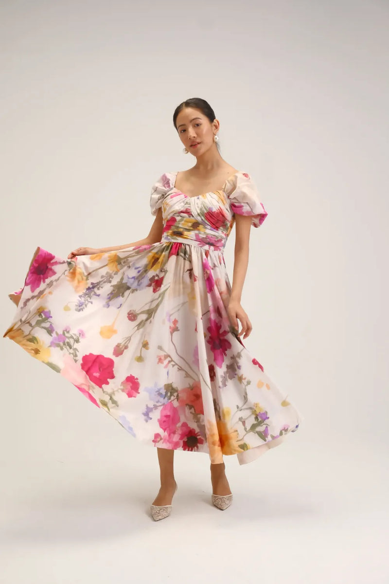 Maria Puff Sleeve Dress cotton satin dress by YAM in multi-color for women in Singapore