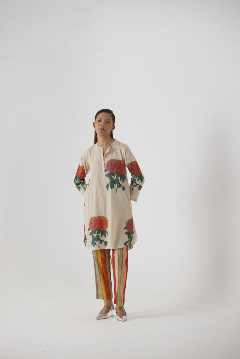 MARIGOLD SOLID SHORT KURTA SET cotton by Yam in beige color for women in Singapore