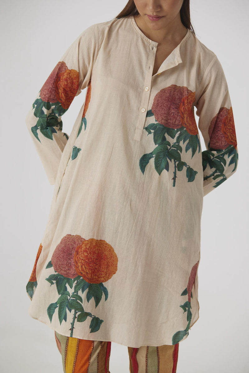 MARIGOLD SOLID SHORT KURTA SET cotton by Yam in beige color for women in Singapore