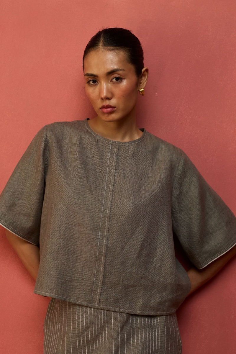 Mariko Crop Linen Co-ord Set - Grey by Manan for in Singapore