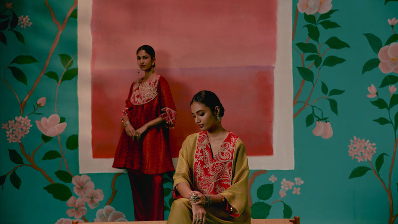 Maroon Embroidered Kurta Set tissue Buy Maroon Embroidered Kurta Set from C&W | Kurta/Kurta Sets for Women by Label Mogra for women in Singapore