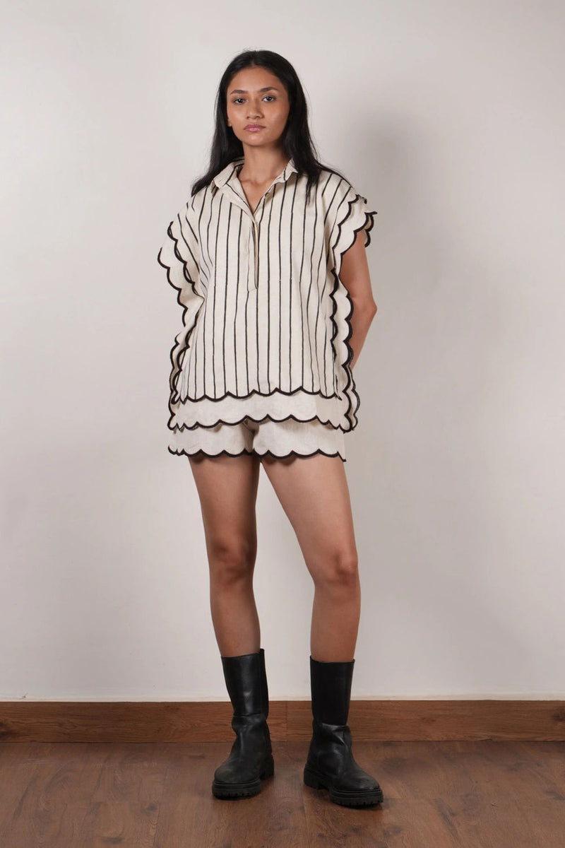 Mati Scallop Shirt-Oatmeal linen top/shirt by in beige for women in Singapore