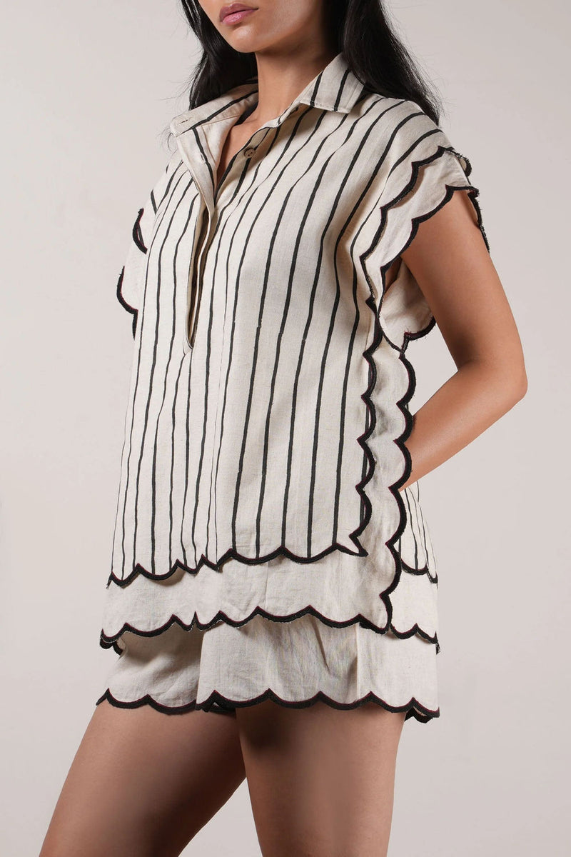 Mati Scallop Shirt-Oatmeal linen top/shirt by in beige for women in Singapore