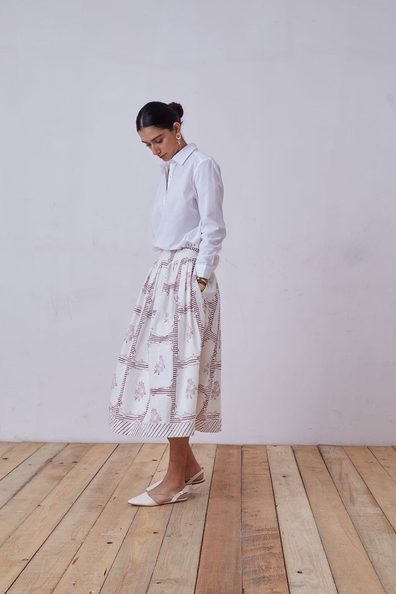 Maud Red Hand Printed Skirt cotton cambric skirt by The Summer House for women in Singapore