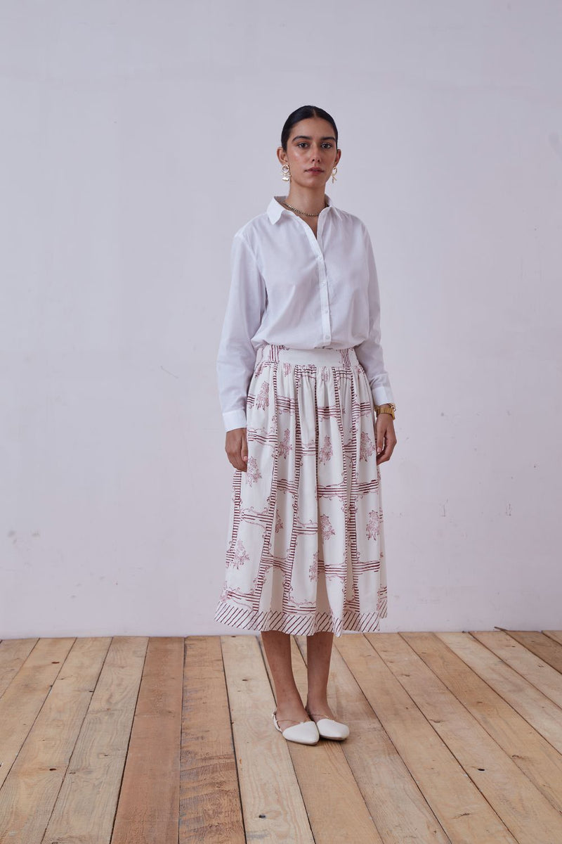 Maud Red Hand Printed Skirt cotton cambric skirt by The Summer House for women in Singapore