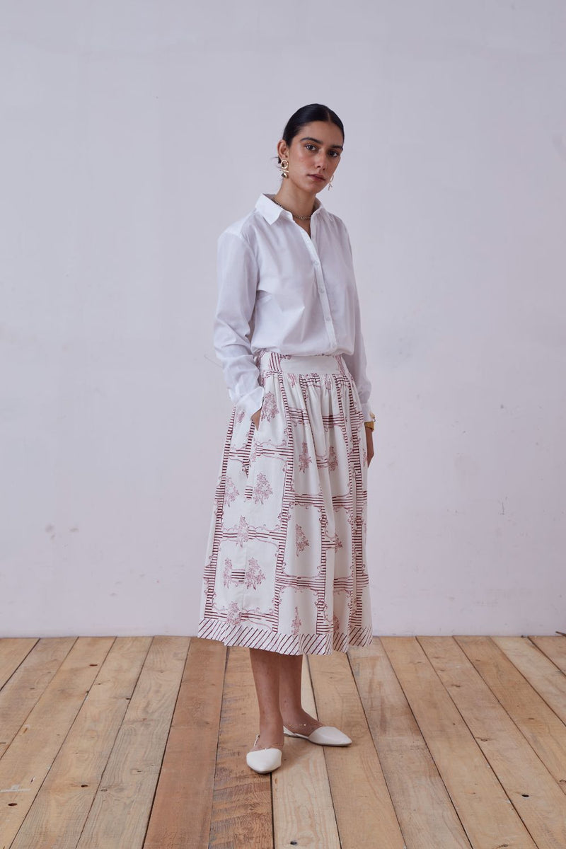 Maud Red Hand Printed Skirt cotton cambric skirt by The Summer House for women in Singapore