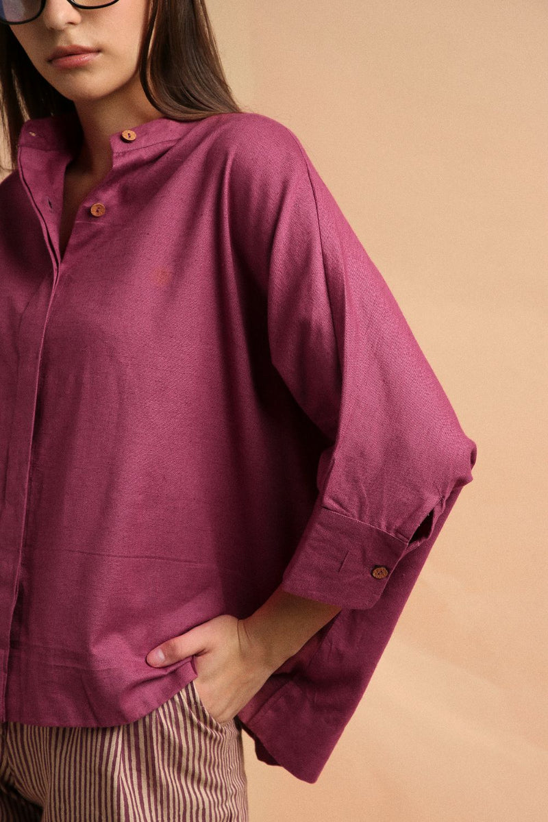 Mauve Oversized Ret Shirt & Beige Striped PL Shorts Set (2 PCS) 100% cotton by Mati in mauve color for women in Singapore