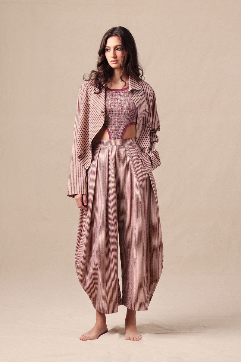 Mauve Striped Bodysuit Barrel Pants and Crop Jacket Co-Ord Set (3PCS) cotton co-ord set by Mati in mauve for women in Singapore