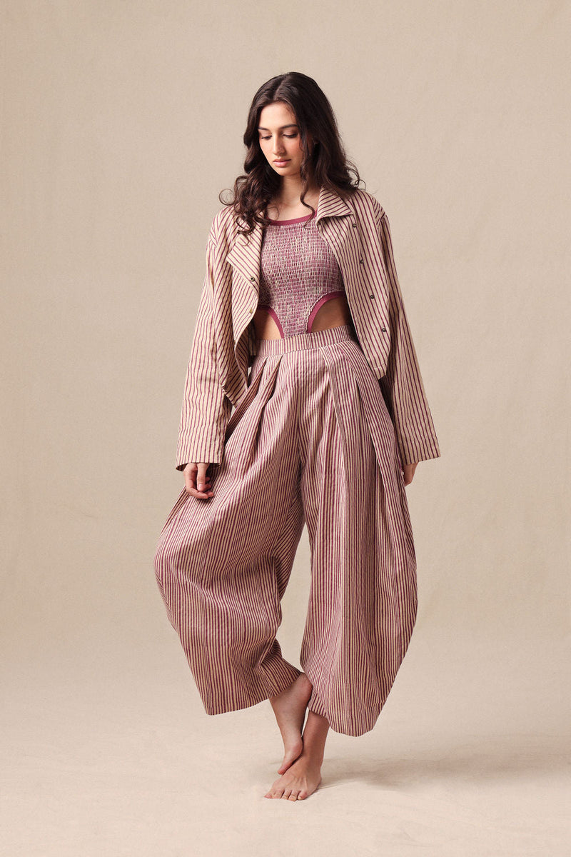 Mauve Striped Bodysuit Barrel Pants and Crop Jacket Co-Ord Set (3PCS) cotton co-ord set by Mati in mauve for women in Singapore