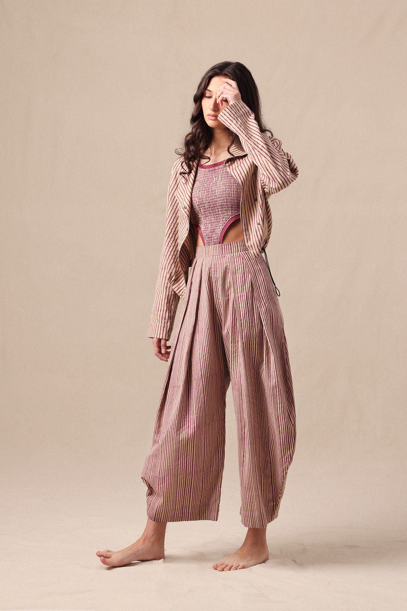 Mauve Striped Bodysuit Barrel Pants and Crop Jacket Co-Ord Set (3PCS) cotton co-ord set by Mati in mauve for women in Singapore