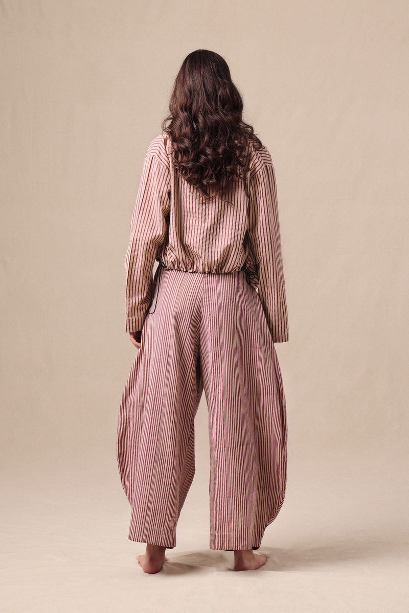 Mauve Striped Bodysuit Barrel Pants and Crop Jacket Co-Ord Set (3PCS) cotton co-ord set by Mati in mauve for women in Singapore