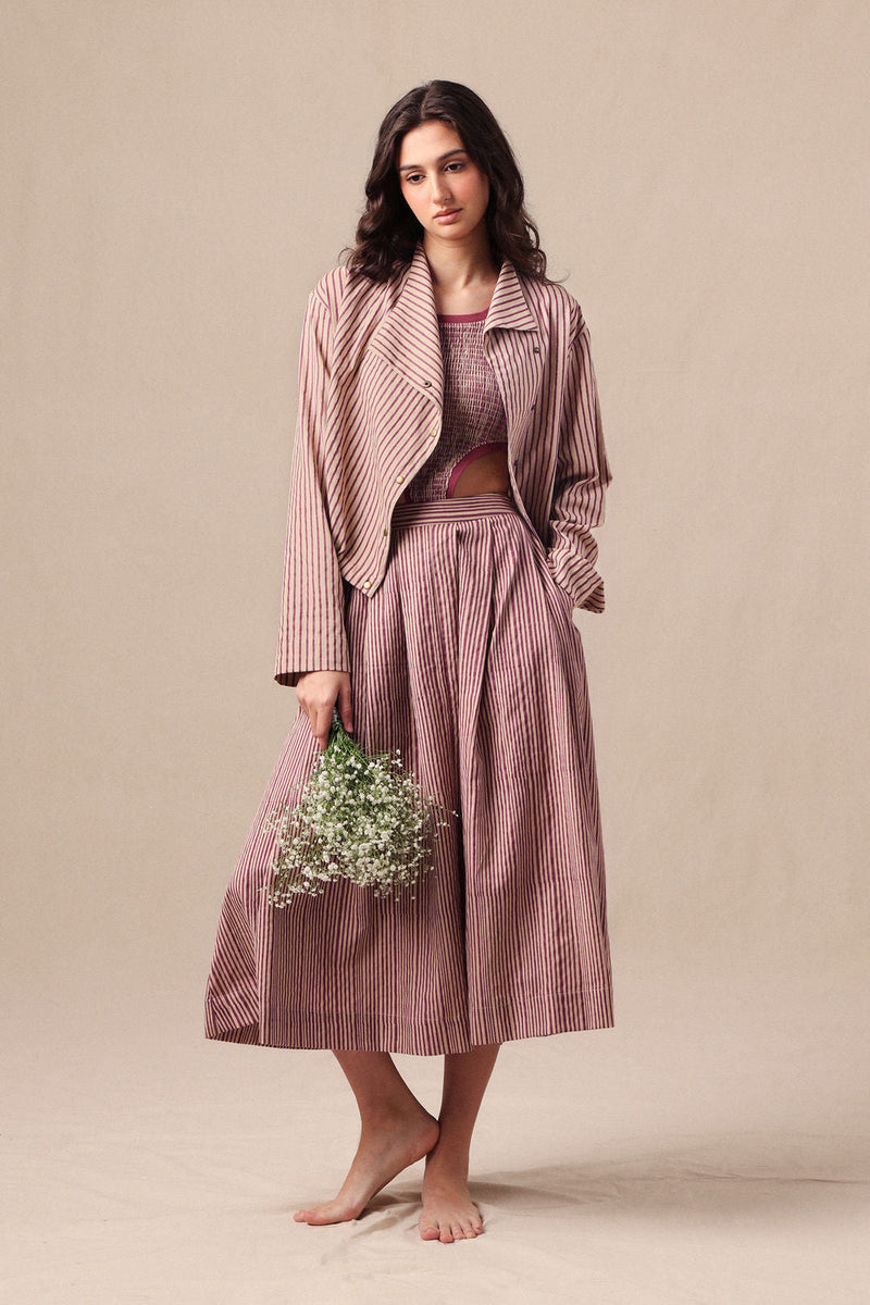 Mauve Striped Bodysuit Box Pleated Skirt and Crop Jacket Co-Ord Set (3 PCS) cotton co-ord set by Mati in mauve for women in Singapore