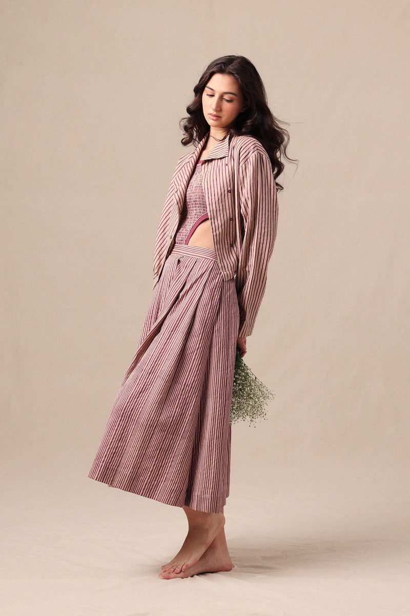 Mauve Striped Bodysuit Box Pleated Skirt and Crop Jacket Co-Ord Set (3 PCS) cotton co-ord set by Mati in mauve for women in Singapore