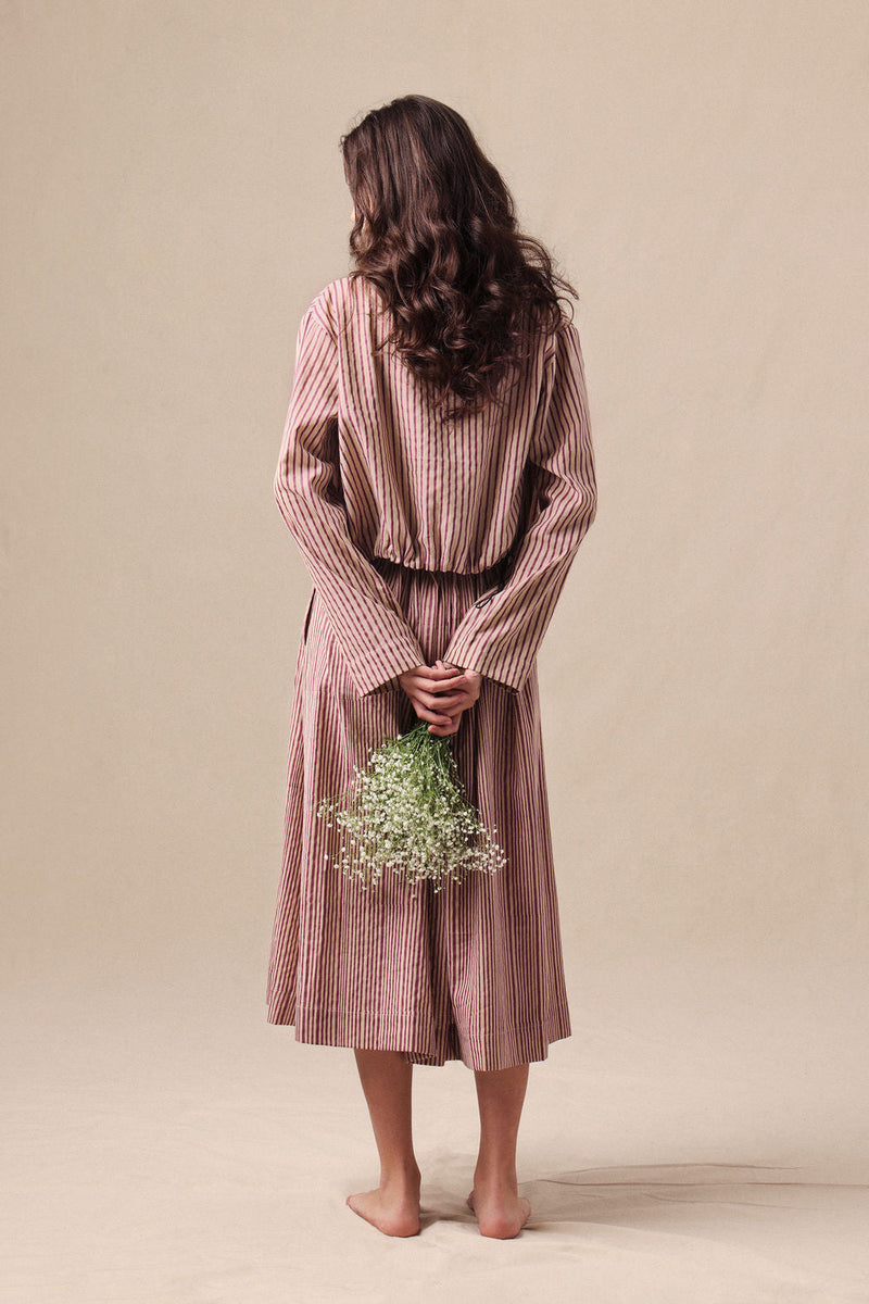 Mauve Striped Bodysuit Box Pleated Skirt and Crop Jacket Co-Ord Set (3 PCS) cotton co-ord set by Mati in mauve for women in Singapore