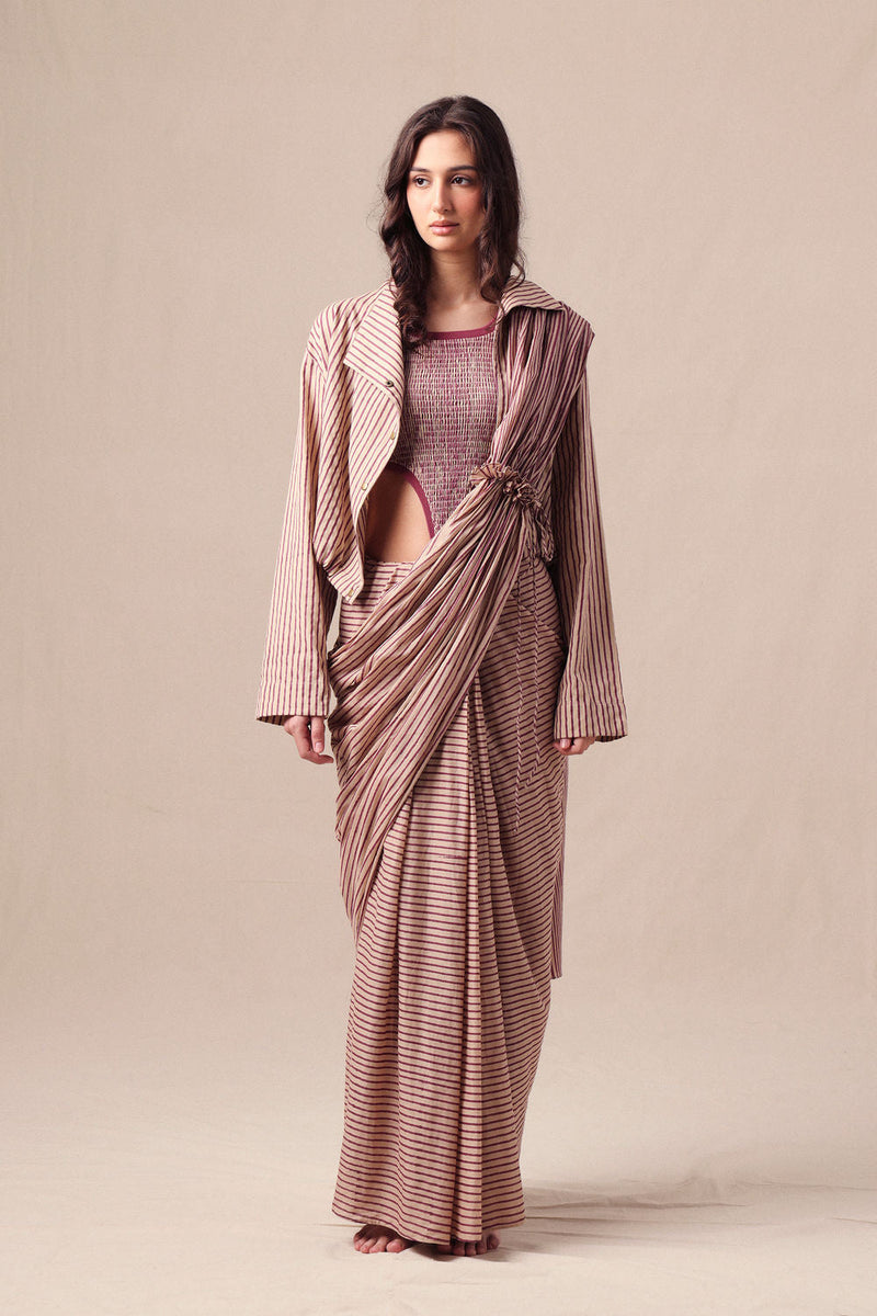 Mauve Striped Bodysuit Crop Jacket & Drawstring Mul Saree Set (3 PCS) cotton saree by Mati in mauve for women in Singapore