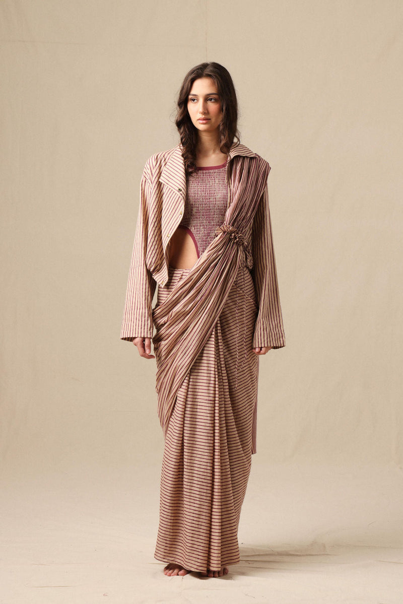 Mauve Striped Bodysuit Crop Jacket & Drawstring Mul Saree Set (3 PCS) cotton saree by Mati in mauve for women in Singapore