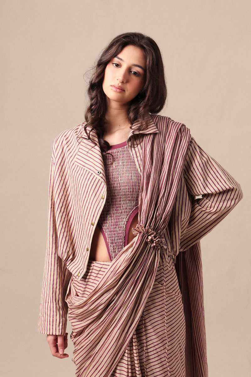 Mauve Striped Bodysuit Crop Jacket & Drawstring Mul Saree Set (3 PCS) cotton saree by Mati in mauve for women in Singapore