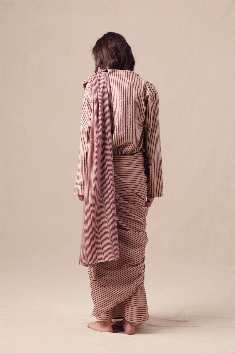 Mauve Striped Bodysuit Crop Jacket & Drawstring Mul Saree Set (3 PCS) cotton saree by Mati in mauve for women in Singapore