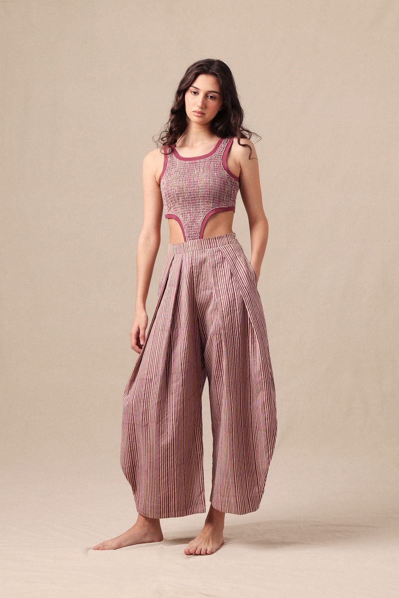Mauve Striped Bodysuit & Barrel Pants Co-Ord Set (2 PCS) cotton co-ord set by Mati in mauve for women in Singapore