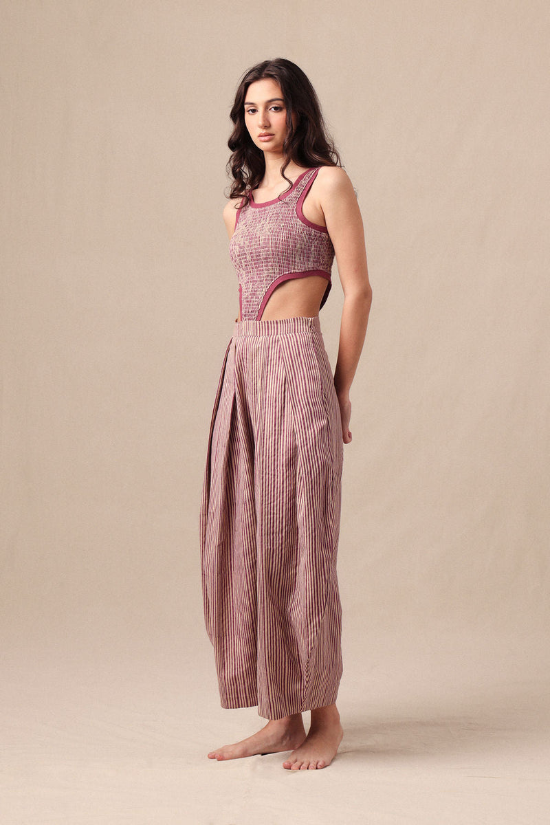 Mauve Striped Bodysuit & Barrel Pants Co-Ord Set (2 PCS) cotton co-ord set by Mati in mauve for women in Singapore