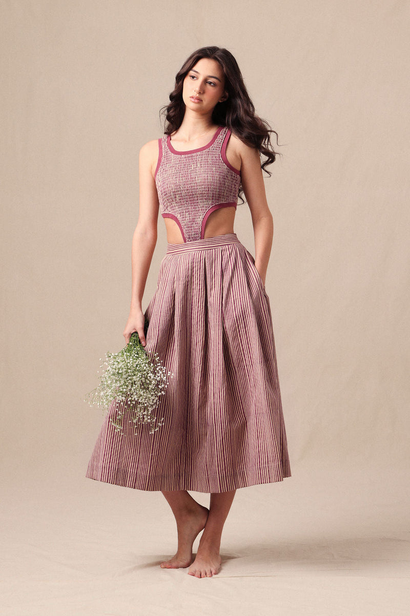 Mauve Striped Bodysuit & Box Pleated Skirt Co-Ord Set (2 PCS) cotton co-ord set by Mati in mauve for women in Singapore