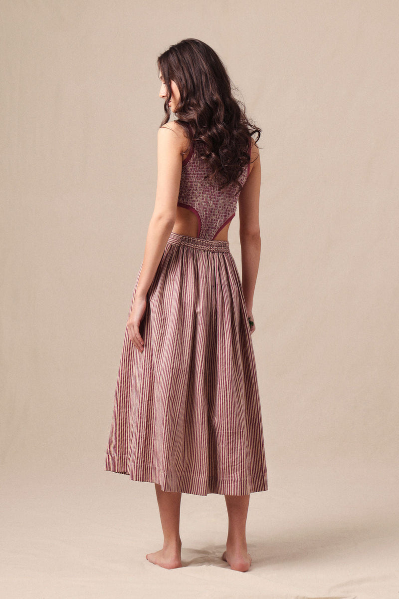 Mauve Striped Bodysuit & Box Pleated Skirt Co-Ord Set (2 PCS) cotton co-ord set by Mati in mauve for women in Singapore