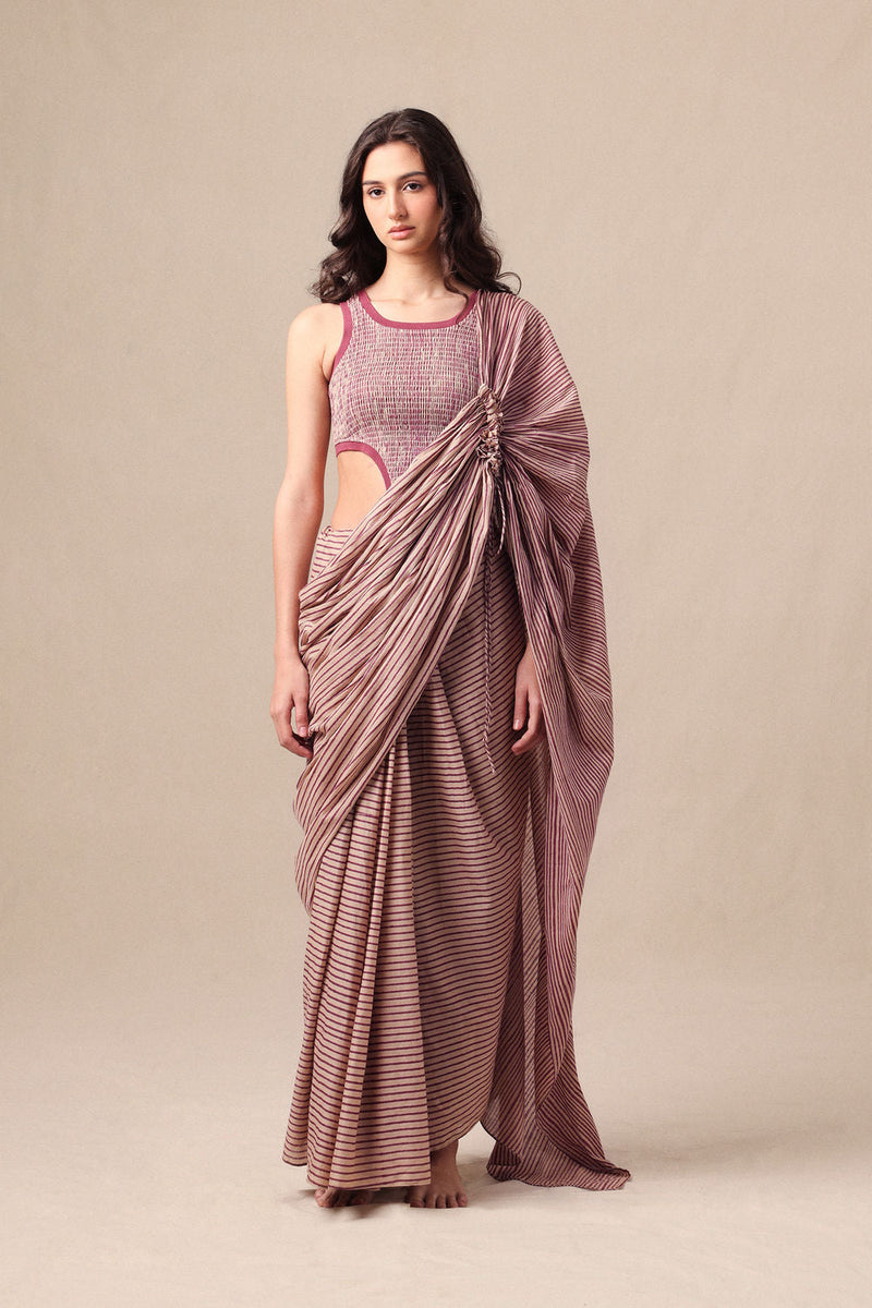 Mauve Striped Bodysuit & Drawstring Mul Saree Set (2 PCS) cotton saree by Mati in mauve for women in Singapore