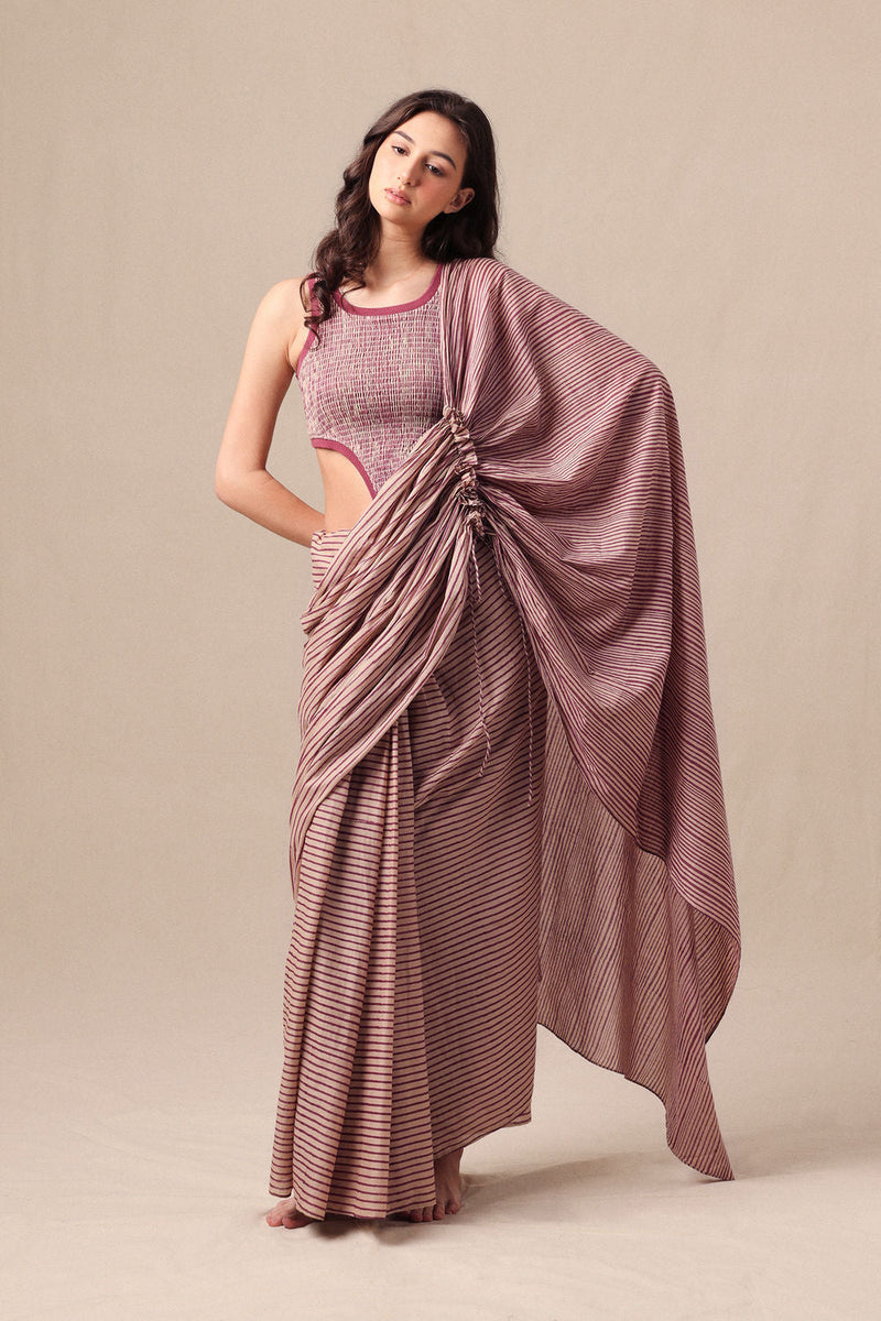 Mauve Striped Bodysuit & Drawstring Mul Saree Set (2 PCS) cotton saree by Mati in mauve for women in Singapore