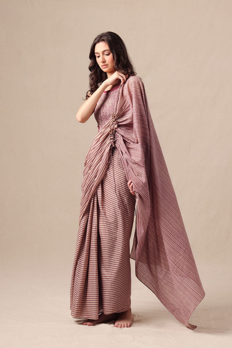 Mauve Striped Bodysuit & Drawstring Mul Saree Set (2 PCS) cotton saree by Mati in mauve for women in Singapore