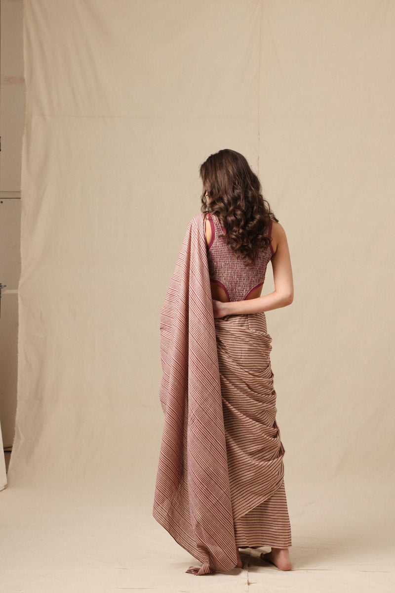 Mauve Striped Bodysuit & Drawstring Mul Saree Set (2 PCS) cotton saree by Mati in mauve for women in Singapore