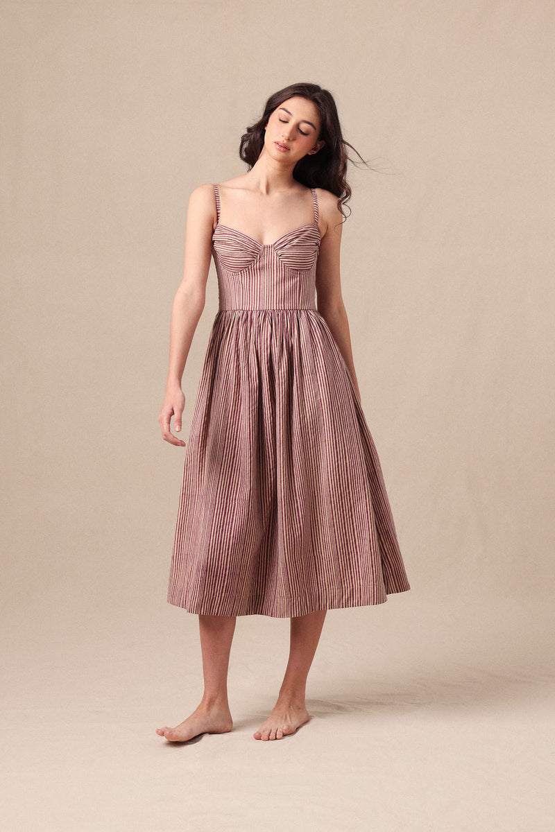 Mauve Striped Corset Dress cotton dress by Mati in mauve for women in Singapore