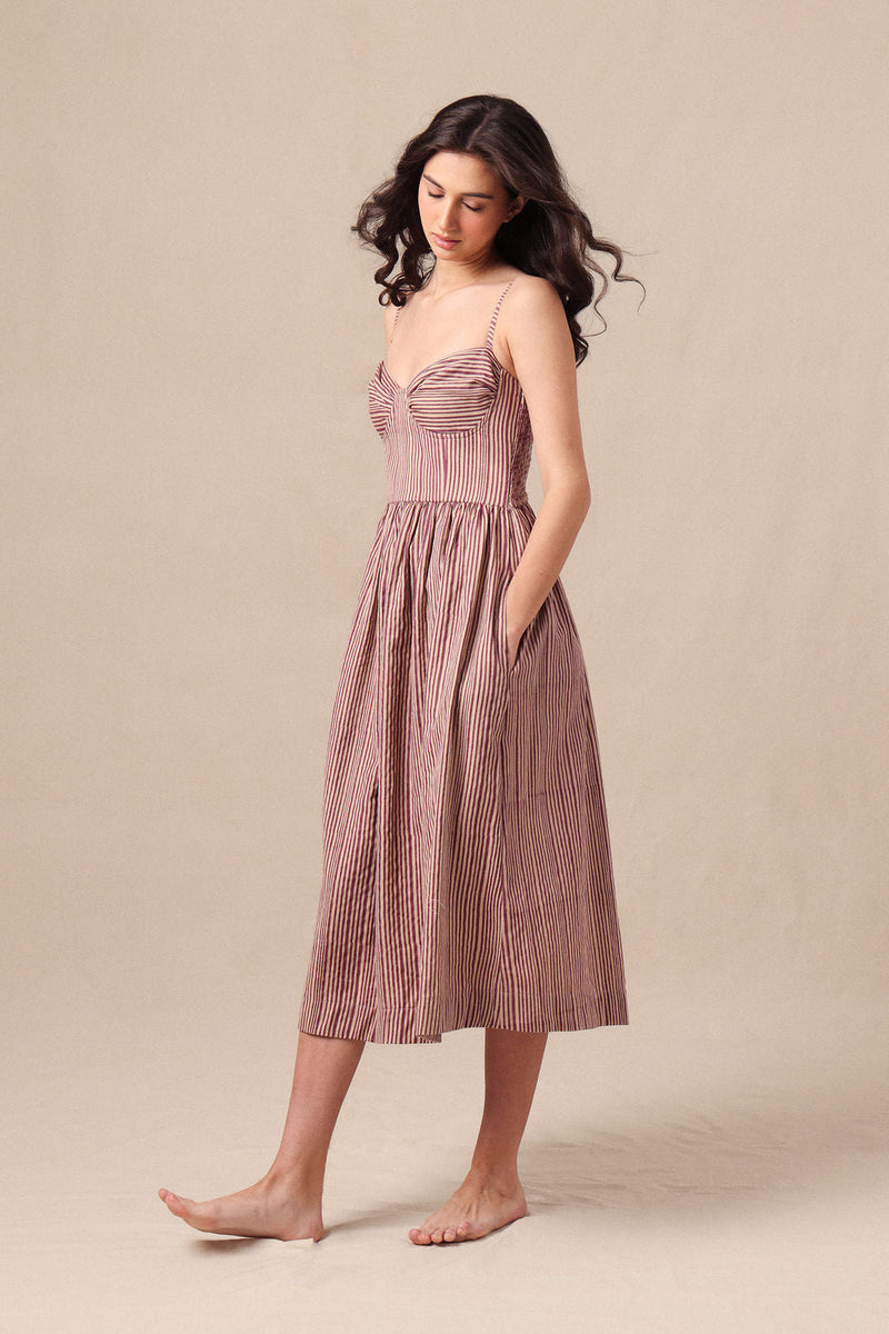 Mauve Striped Corset Dress cotton dress by Mati in mauve for women in Singapore