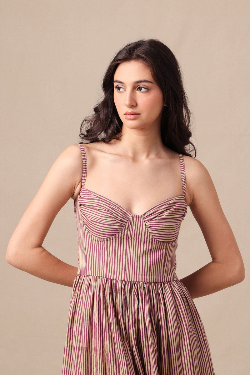Mauve Striped Corset Dress cotton dress by Mati in mauve for women in Singapore