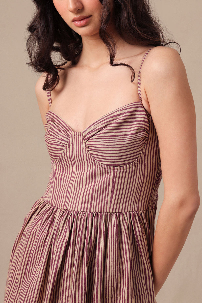 Mauve Striped Corset Dress cotton dress by Mati in mauve for women in Singapore
