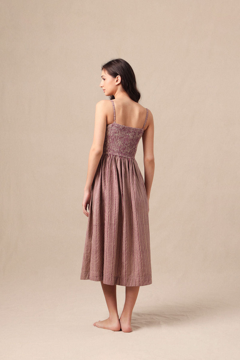 Mauve Striped Corset Dress cotton dress by Mati in mauve for women in Singapore